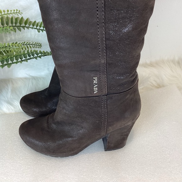 PRADA TALL BOOTS LEATHER CHOCOLATE BROWN BLOCK HEEL SLIGHT SLOUCH SZ 7.5 - Picture 5 of 16